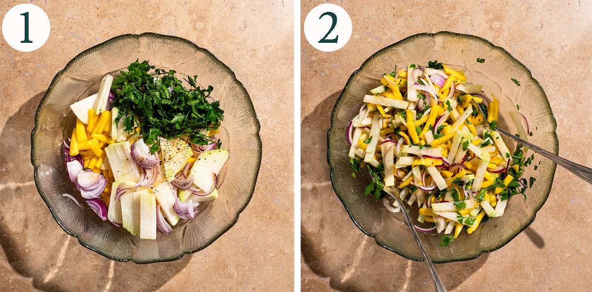 Salad steps 1 and 2, before and after mixing.
