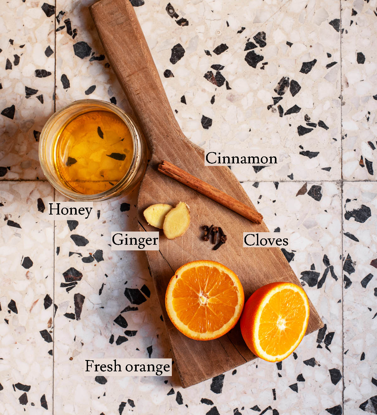 Orange peel tea ingredients with labels.