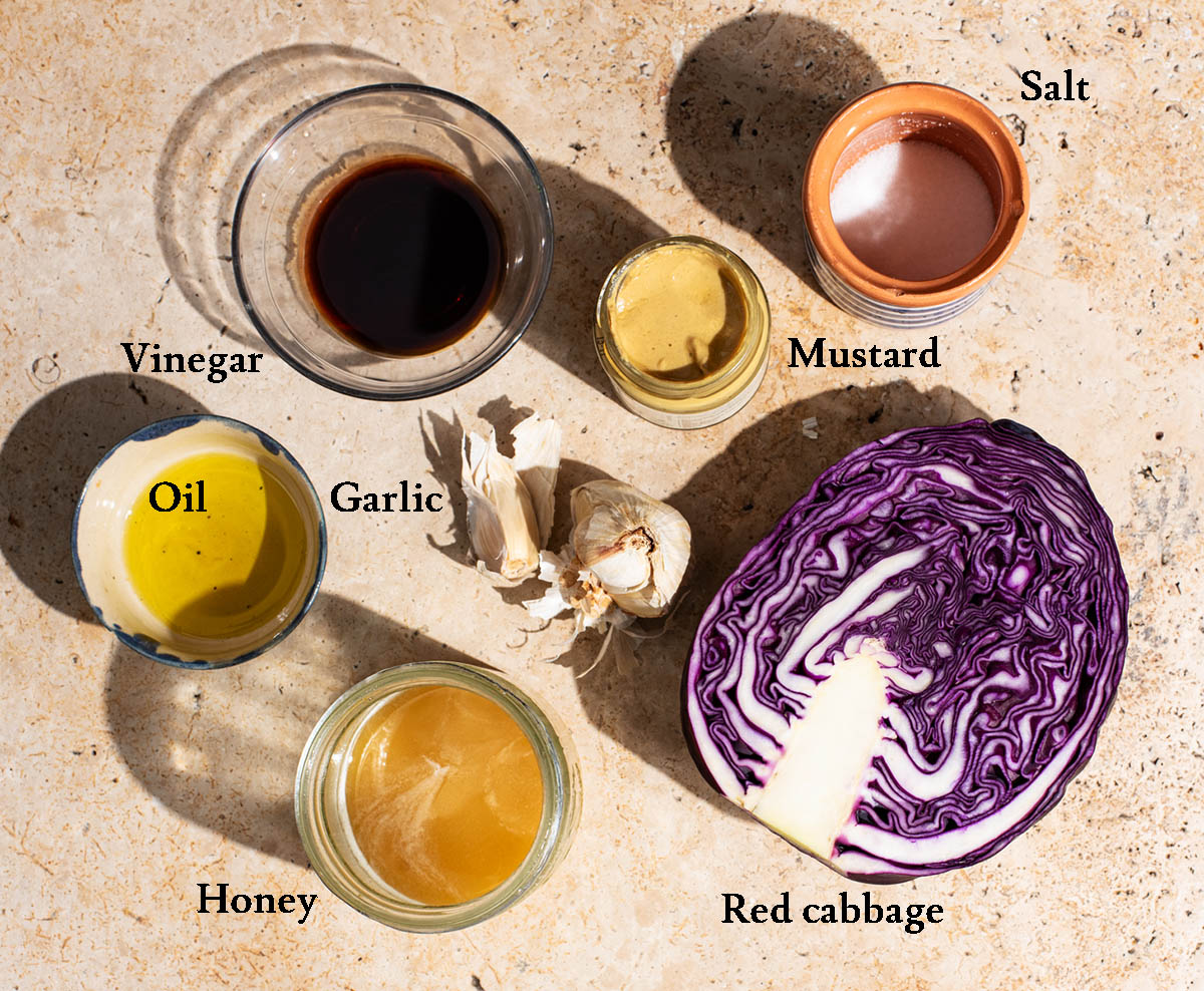 Sautéed red cabbage ingredients with labels.