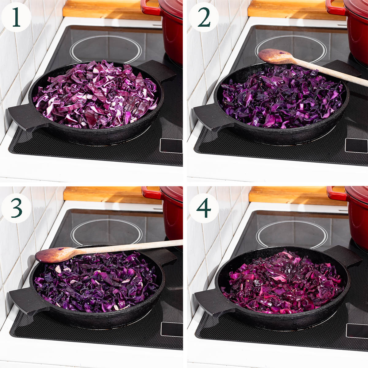 Red cabbage steps 1 to 4, the cooking process on the stove top.