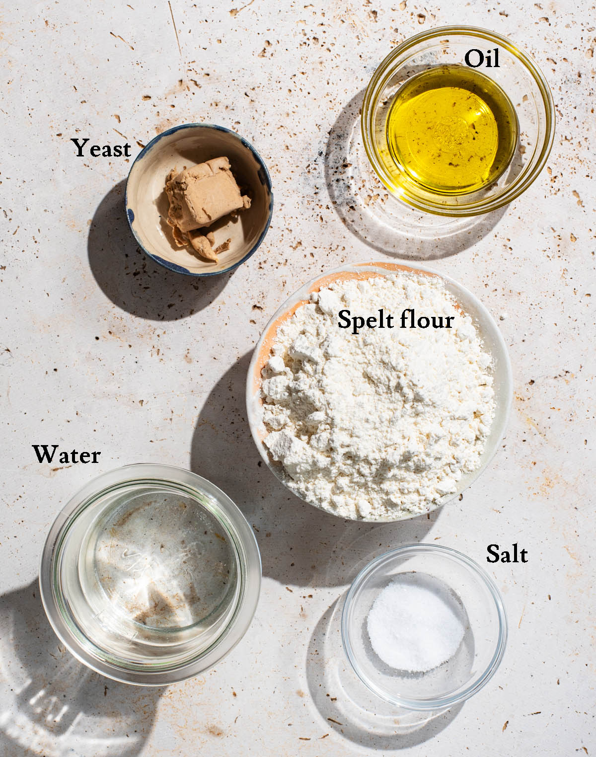 Spelt pita ingredients with labels.