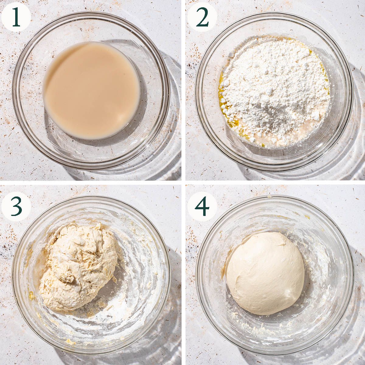 Pita bread dough steps 1 to 4, blooming yeast, mixing dough, before and after kneading.