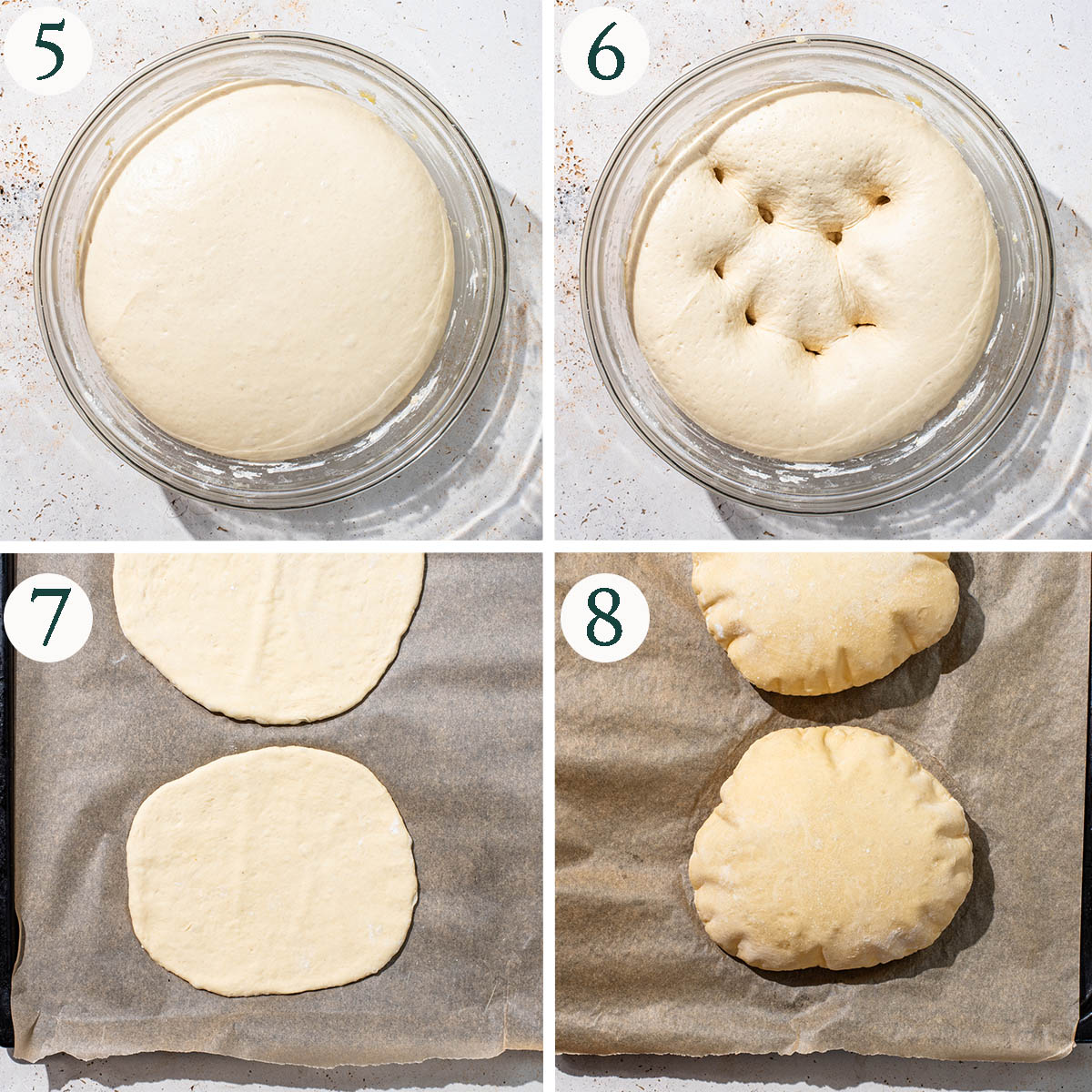 Pita steps 5 to 8, after rising, shaped, and after baking.