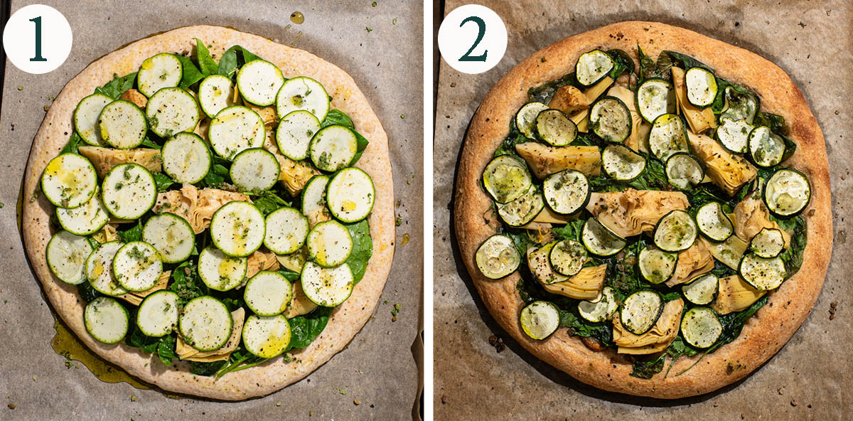 Pizza steps 1 and 2, before and after baking.