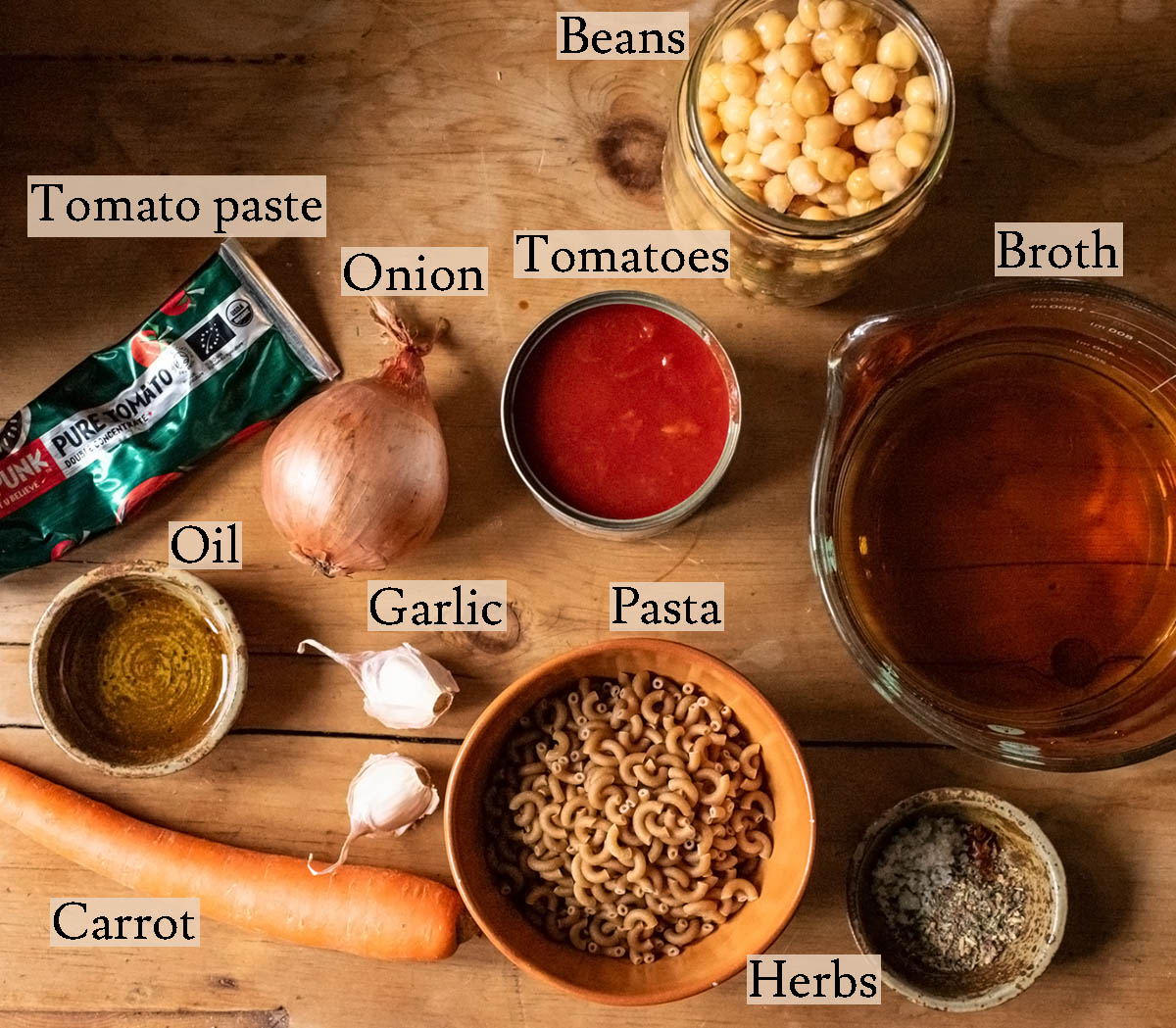 Tomato pasta soup ingredients with labels.