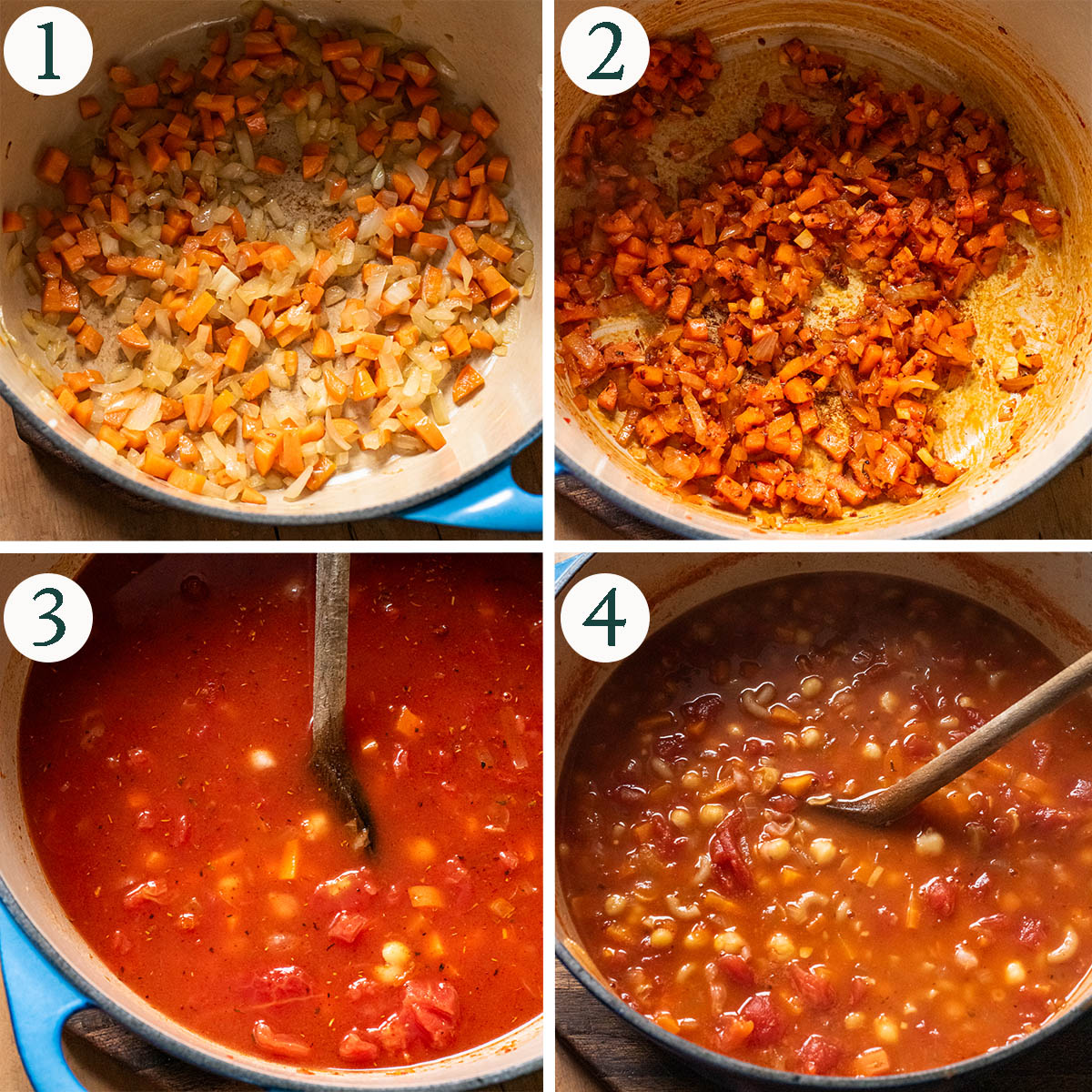 Tomato soup steps 1 to 4, cooking base vegetables, spices added, before and after cooking pasta.