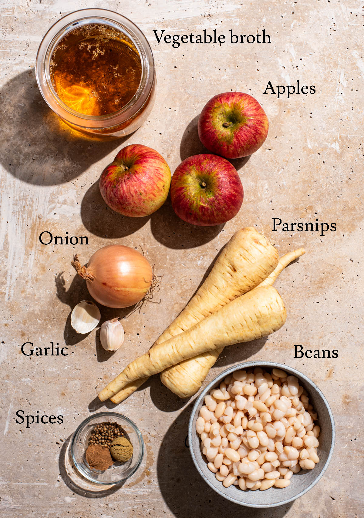 Apple parsnip soup ingredients with labels.