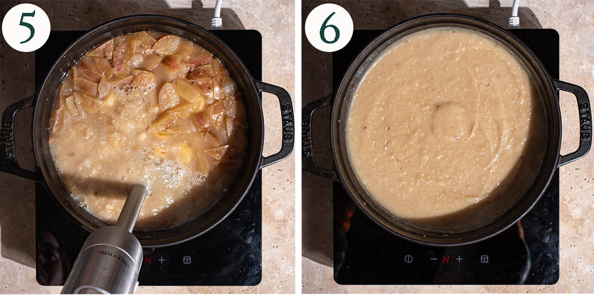 Soup steps 5 and 6, before and after blending.