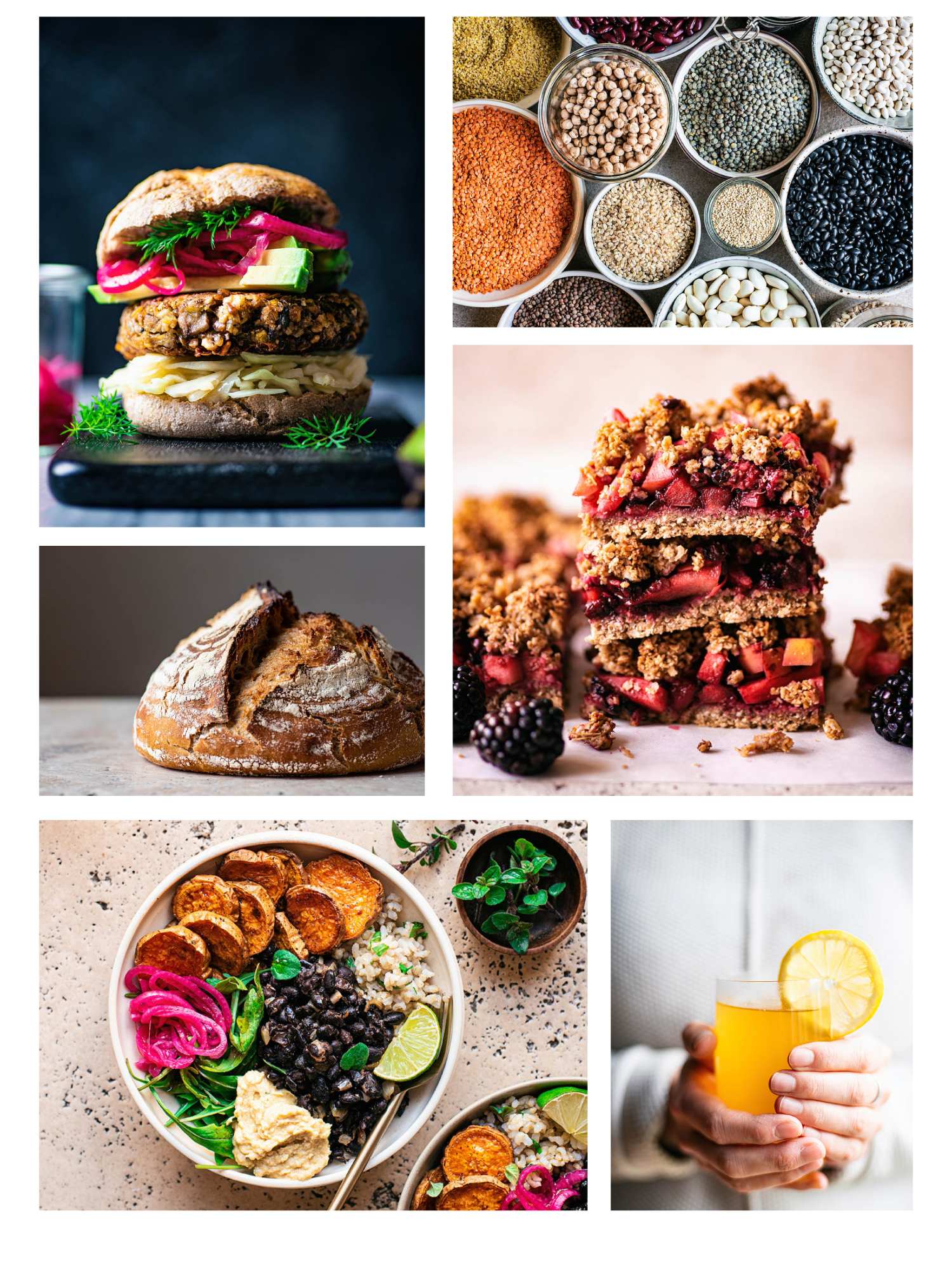 Several images arranged in a collage: burger, beans, bread, fruit bars, vegetable bowl, yellow tea.