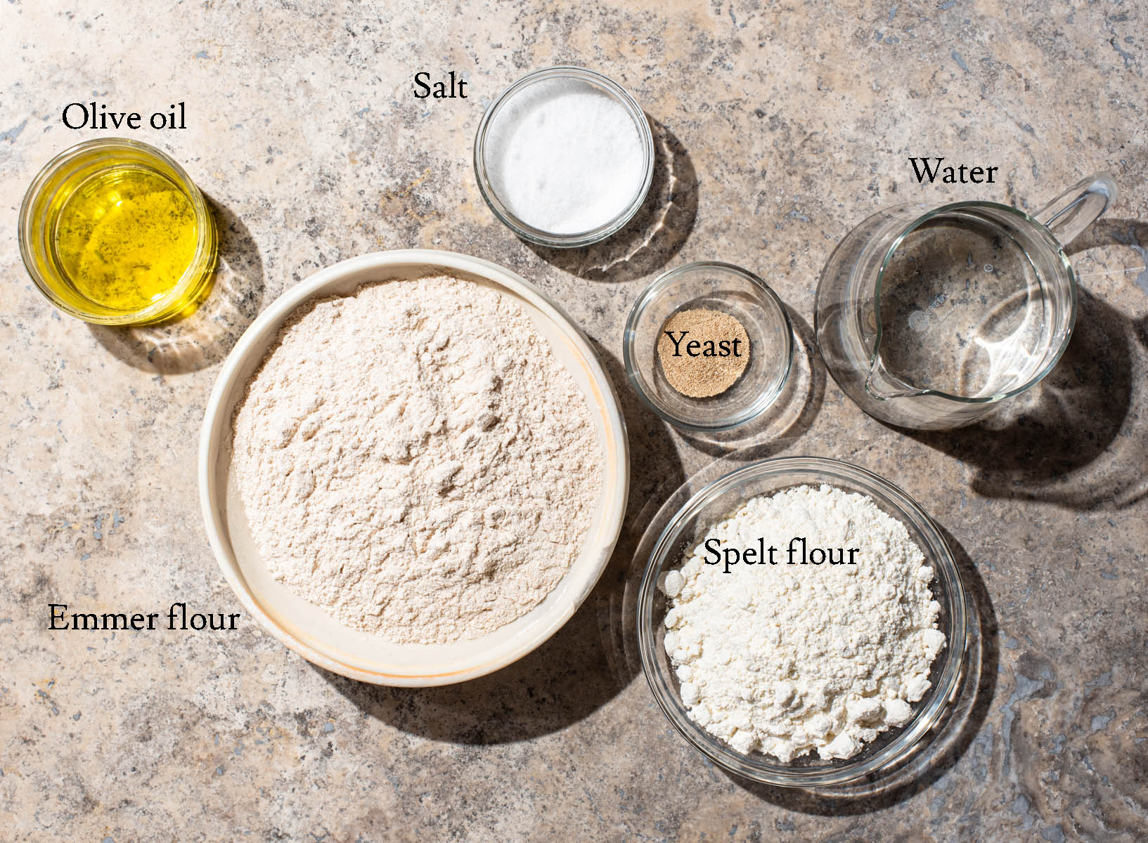 Emmer bread ingredients with labels.