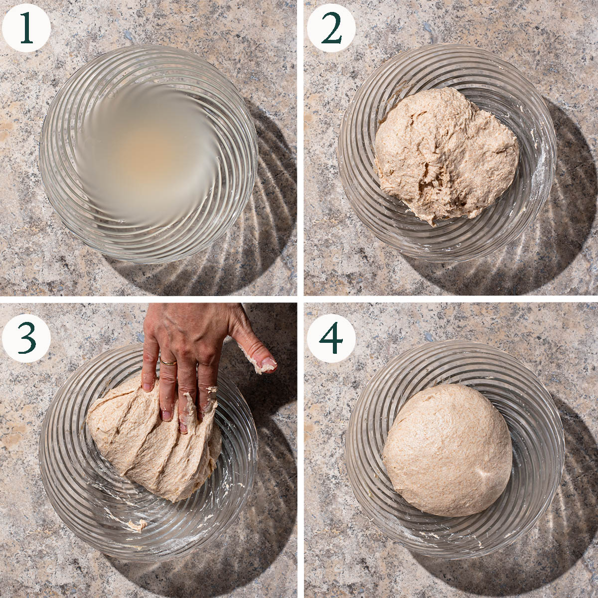 Bread steps 1 to 4, mixed dough, stretching, before rising.
