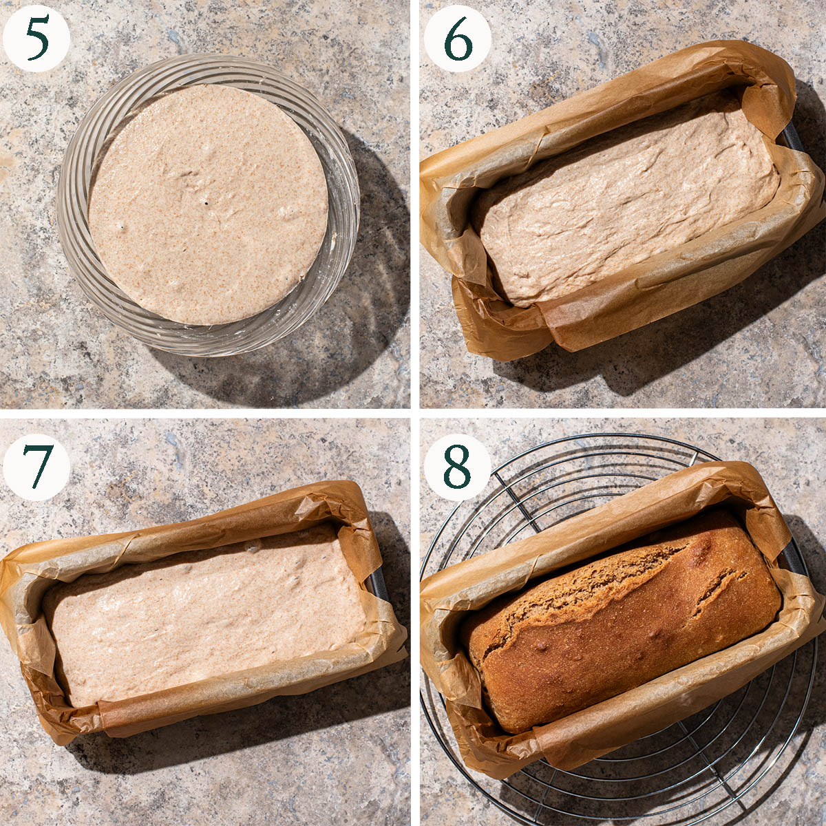 Overnight bread steps 5 to 8, risen dough, in the bread tin, before and after baking.