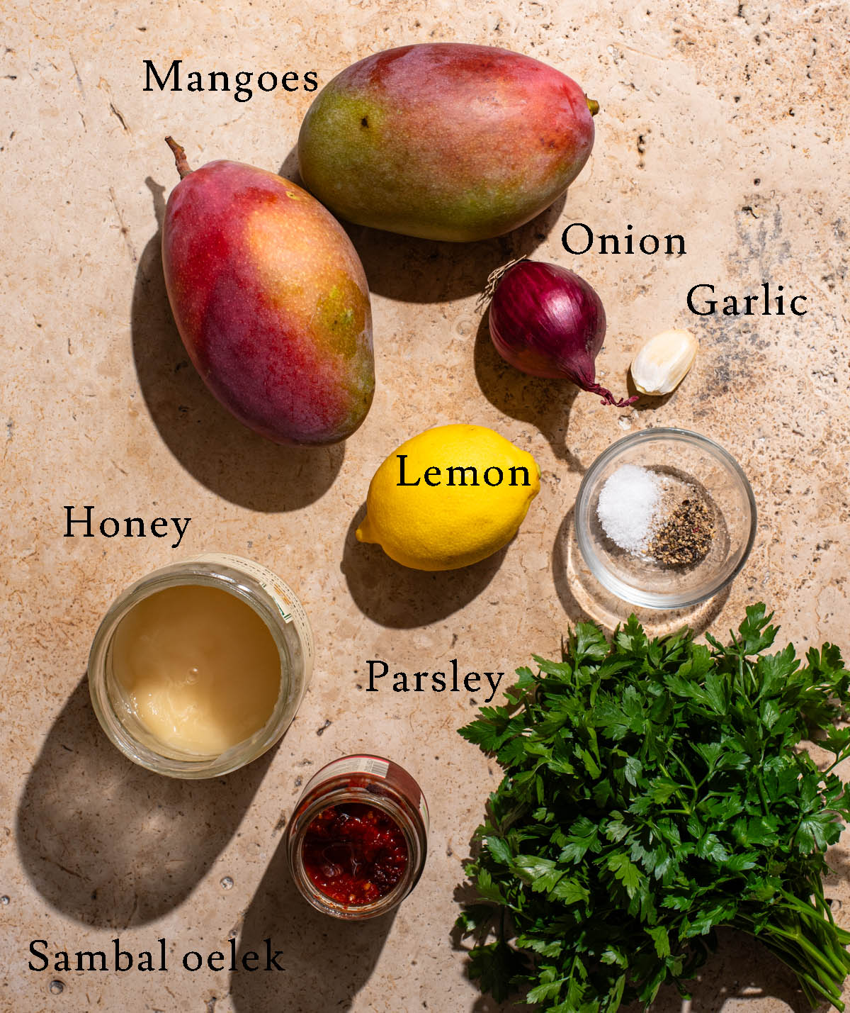 Mango salad ingredients with labels.