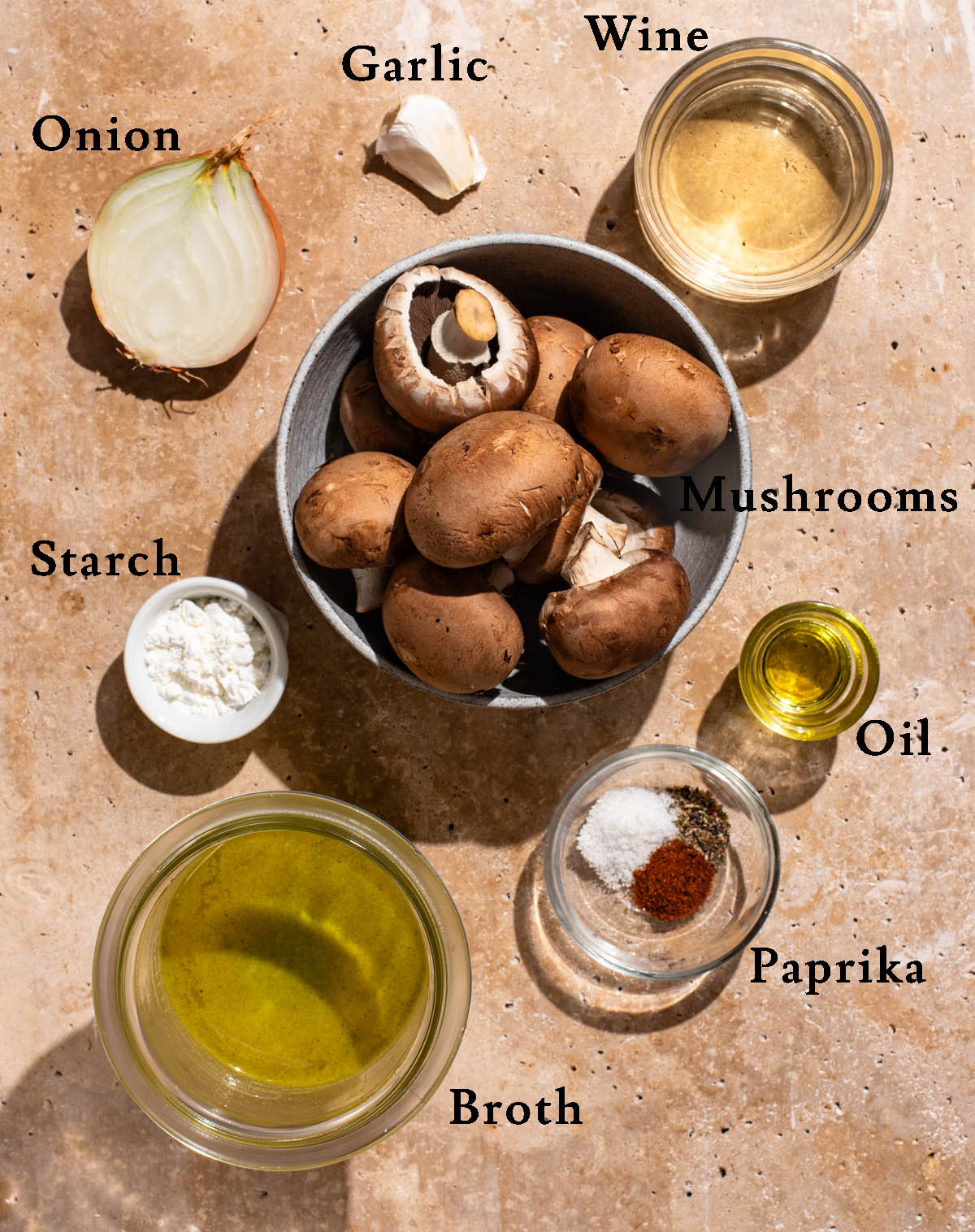 Mushroom gravy ingredients with labels.