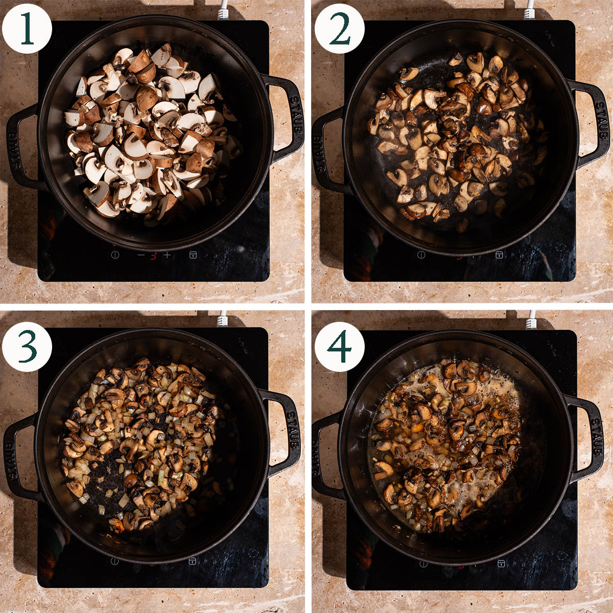 Gravy steps 1 to 4, cooking the mushrooms, wine added.