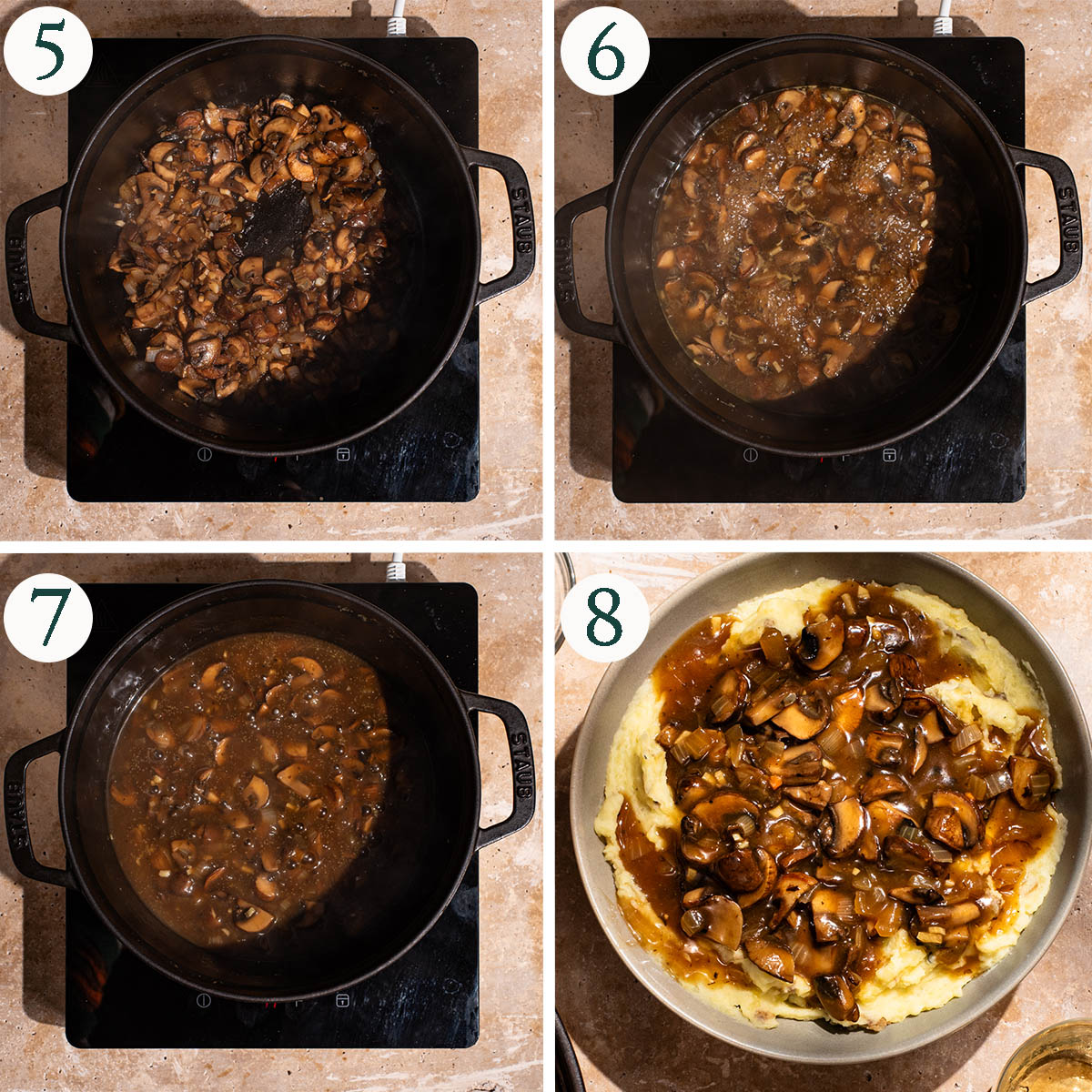 Gravy steps 5 to 8, cooking down, thickening, and finished gravy.