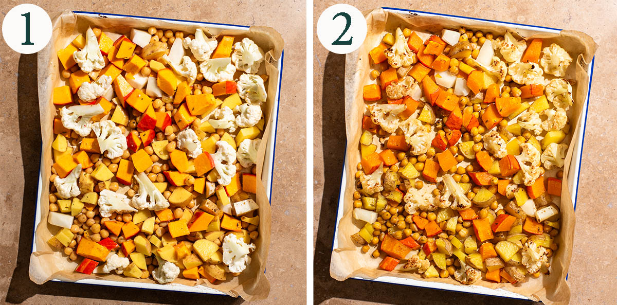 Vegetable tray bake steps 1 and 2, before and after baking.