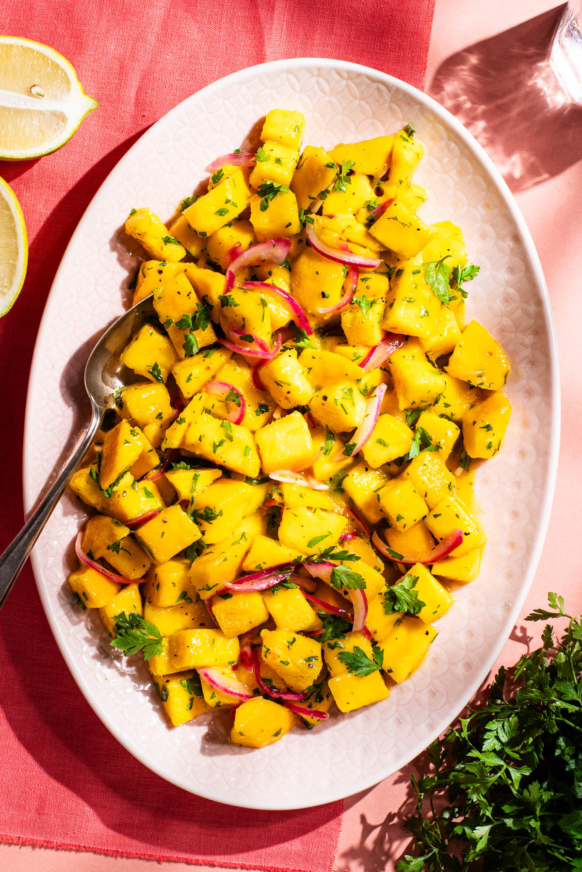 Pieces of mango on a serving platter with a dressing, herbs, and red onion.