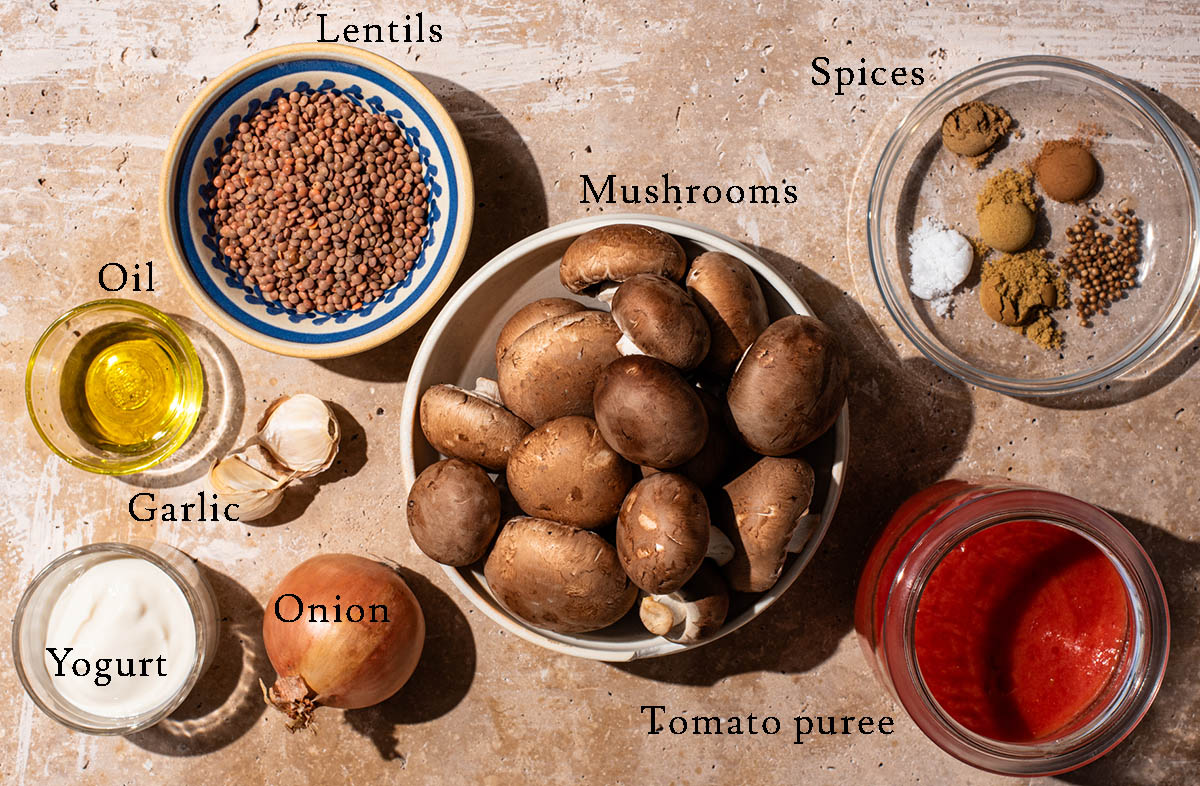 Mushroom curry ingredients with labels.
