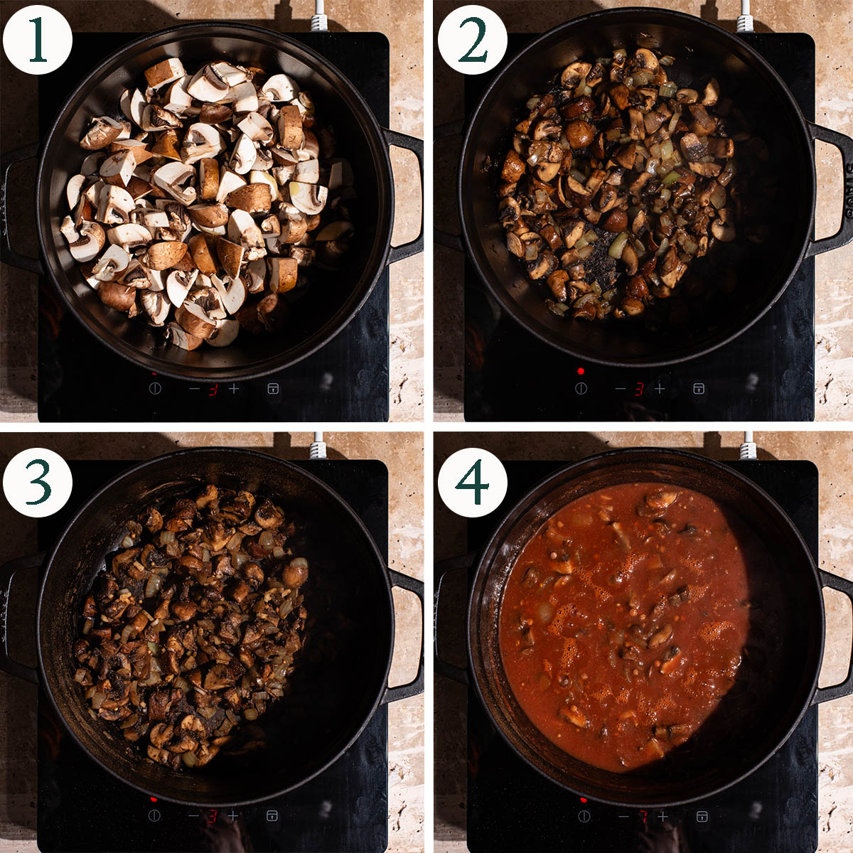 Curry steps 1 to 4, cooking mushrooms, with spices, and with tomatoes.