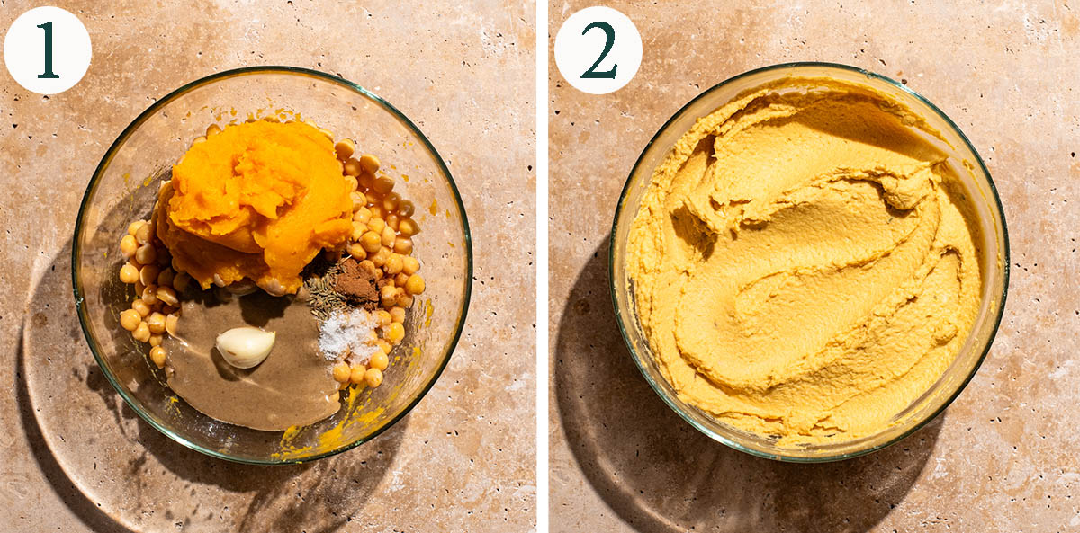 Hummus steps 1 and 2, before and after blending.