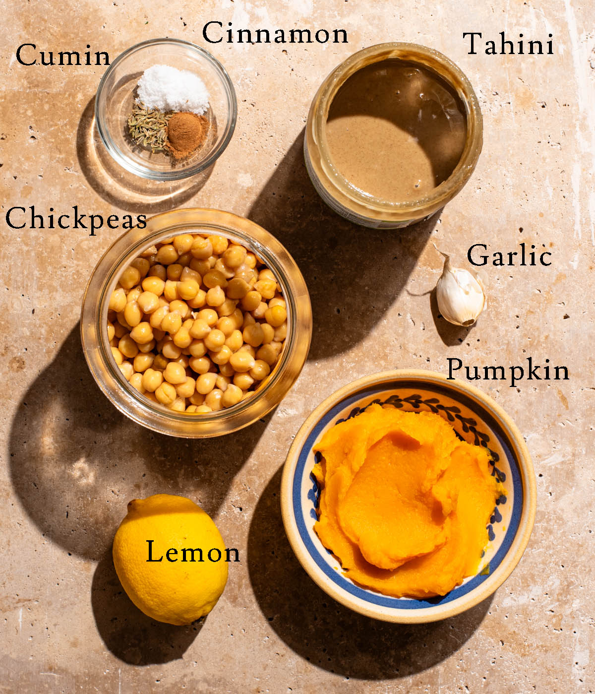 Pumpkin hummus ingredients with labels.