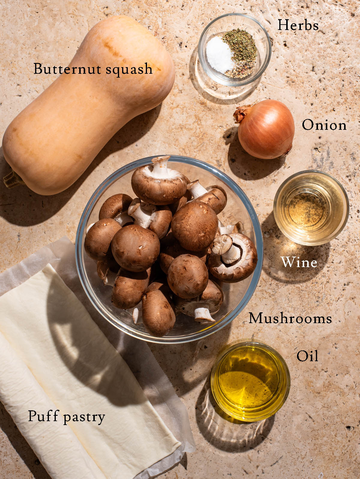 Vegetarian wellington ingredients with labels.