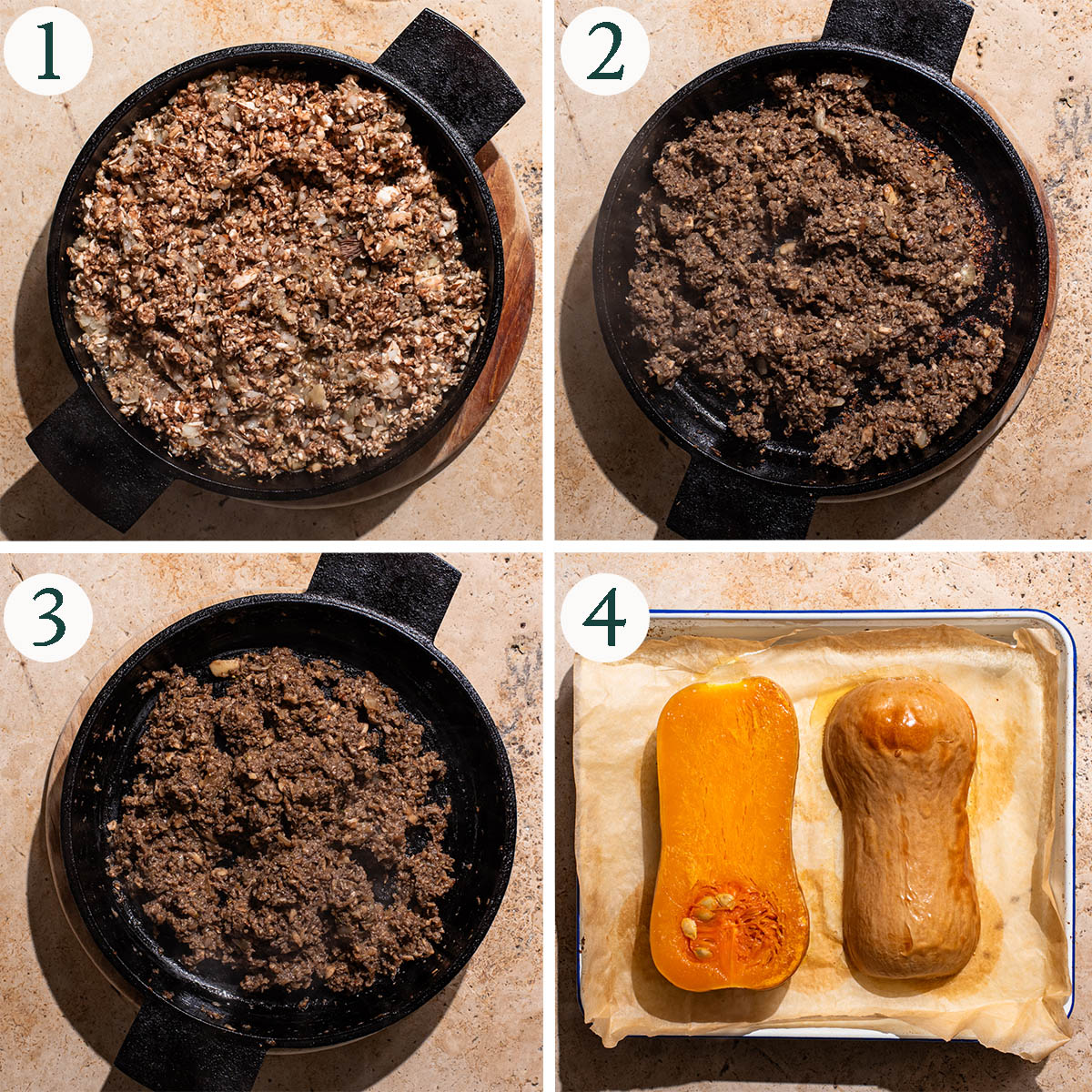 Wellington steps 1 to 4, mushroom mixture cooked and roasted squash.