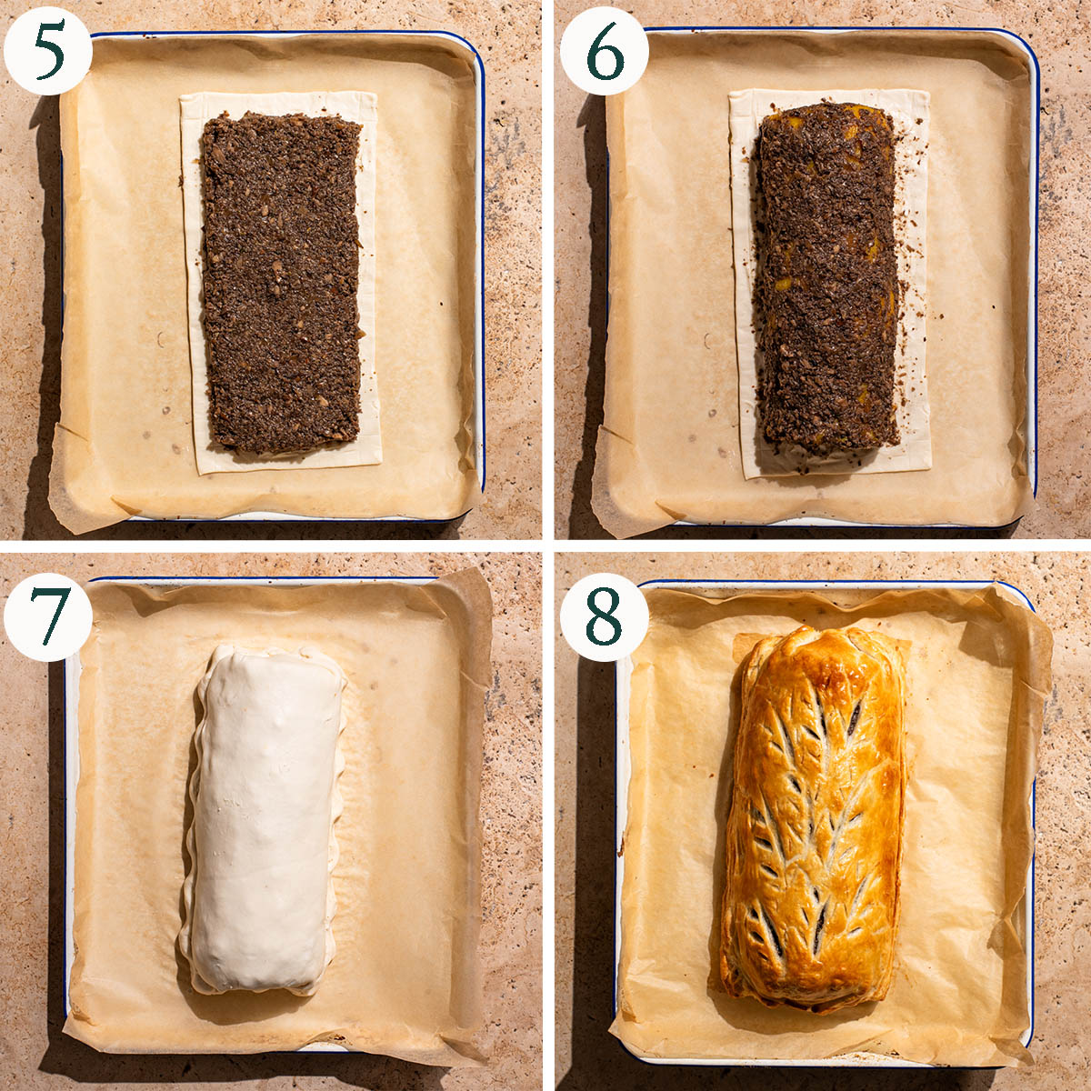 Wellington steps 5 to 8, filling the pastry, covering, and after baking.