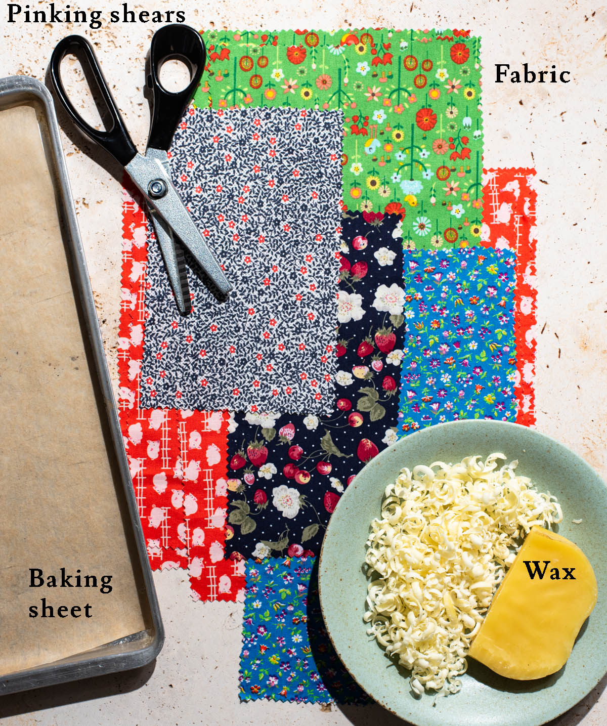 Beeswax wraps supplies with labels.