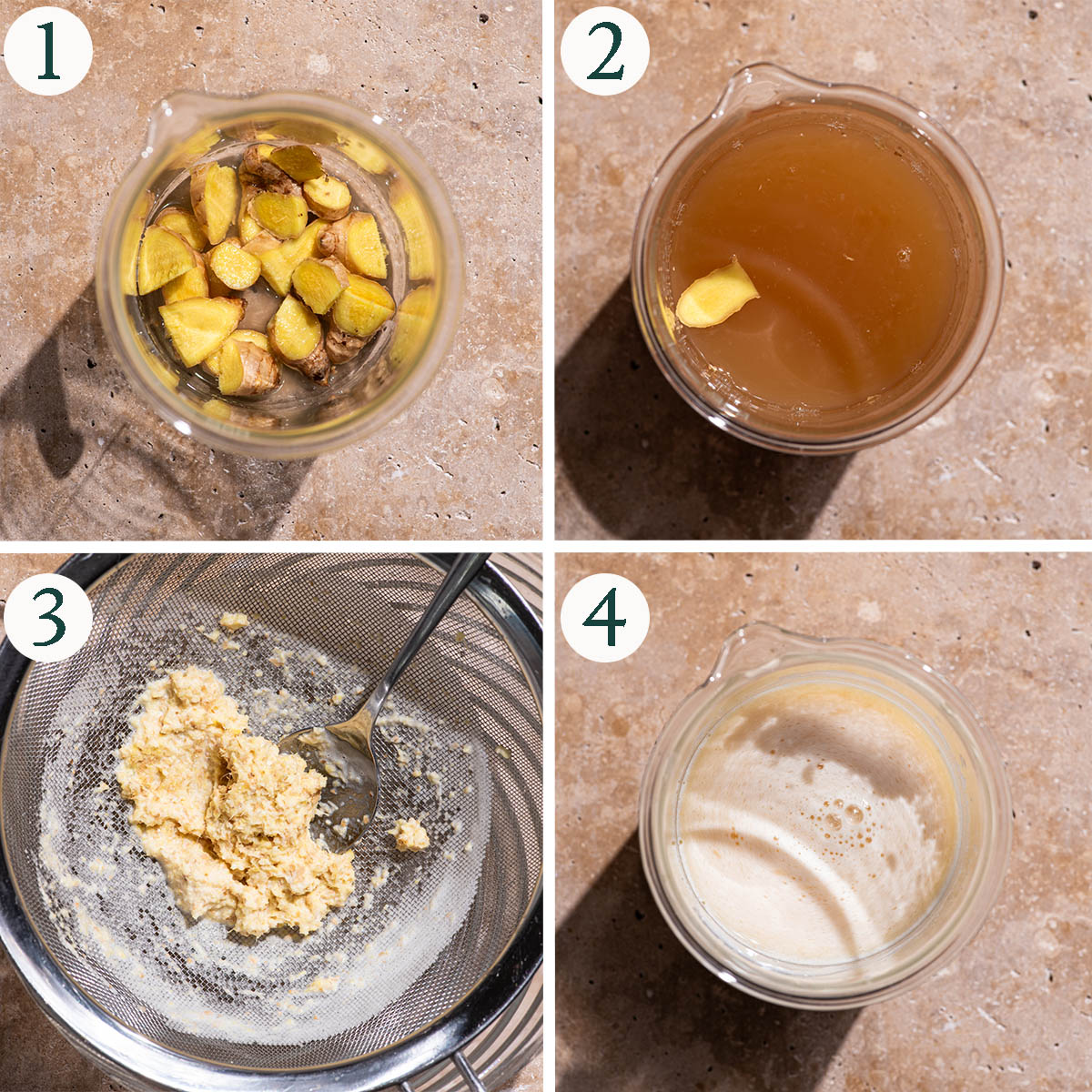 Ginger drink steps 1 to 4, ingredients in a blending container, strained solids, and after blending.