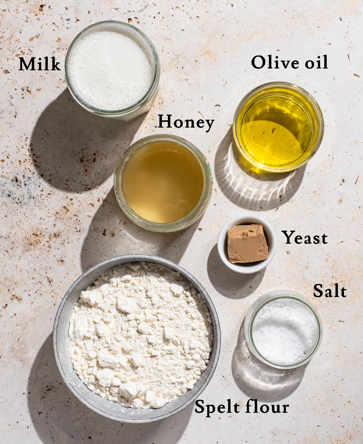 Spelt rolls ingredients with labels.