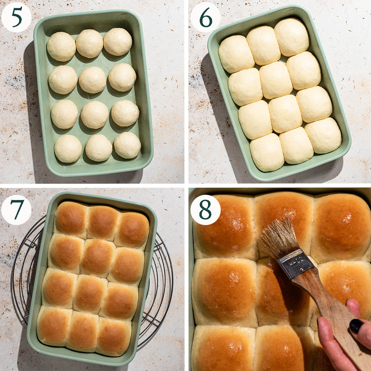 Dinner rolls steps 5 to 8, before and after rising, after baking, brushing with oil.