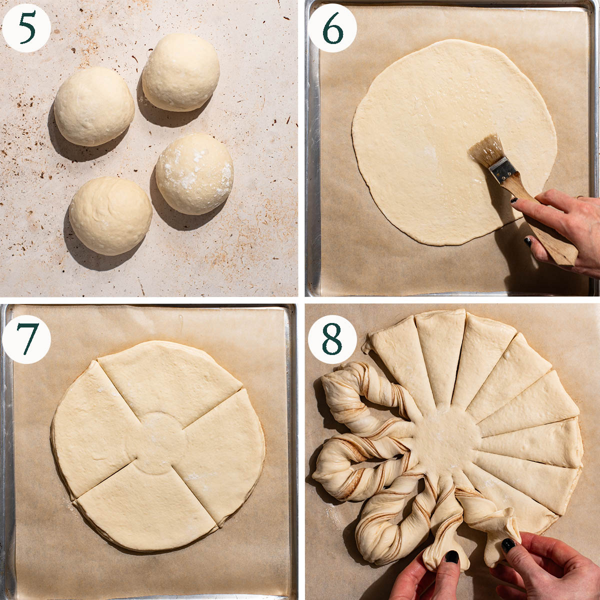 Star bread steps 5 to 8, dividing, brushing filling, cutting, and shaping.