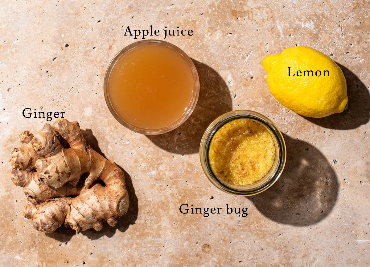 Ginger beer ingredients with labels.