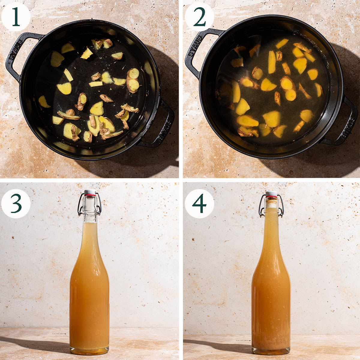 Fermented ginger soda steps 1 to 4, making tea, before and after fermenting.