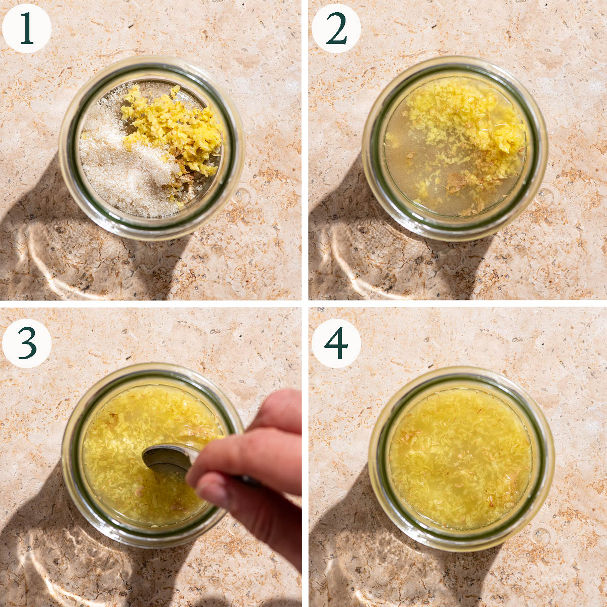 Fermented ginger steps 1 to 4, mixing together and adding to the jar.