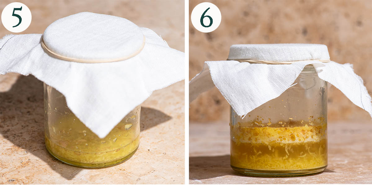 Ginger bug steps 5 and 6, covered in a jar and shown once fermented and bubbly.
