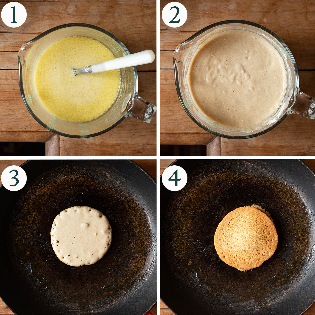 Pancakes steps 1 to 4, wet ingredients mixed, pancake batter mixed, before and after cooking.
