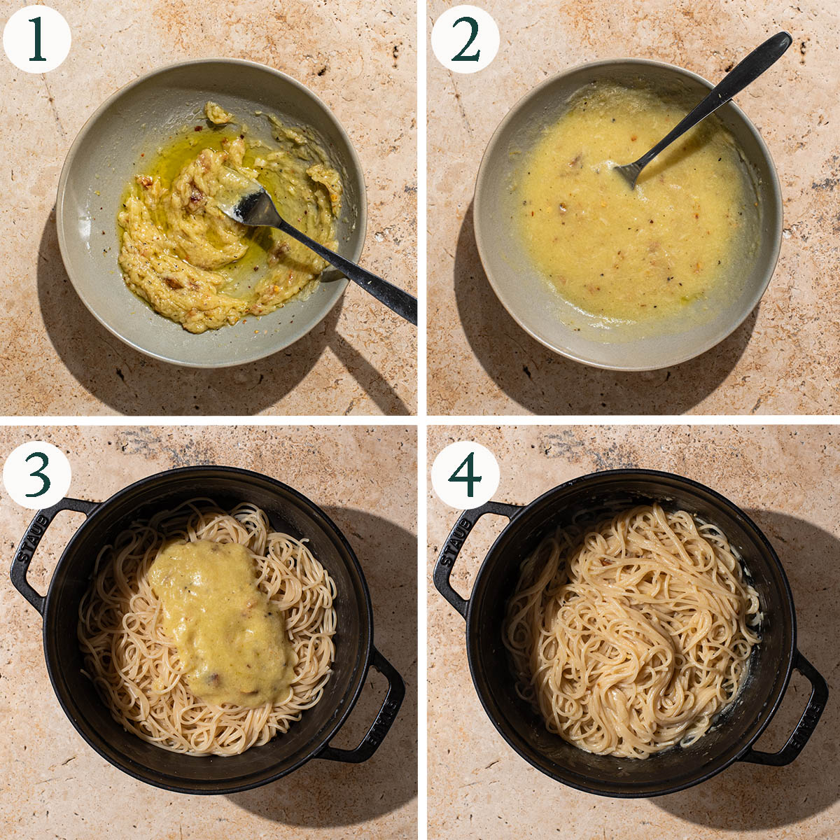 Garlic spaghetti steps 1 to 4, mashed garlic, mixed sauce, added to pasta, and mixed.