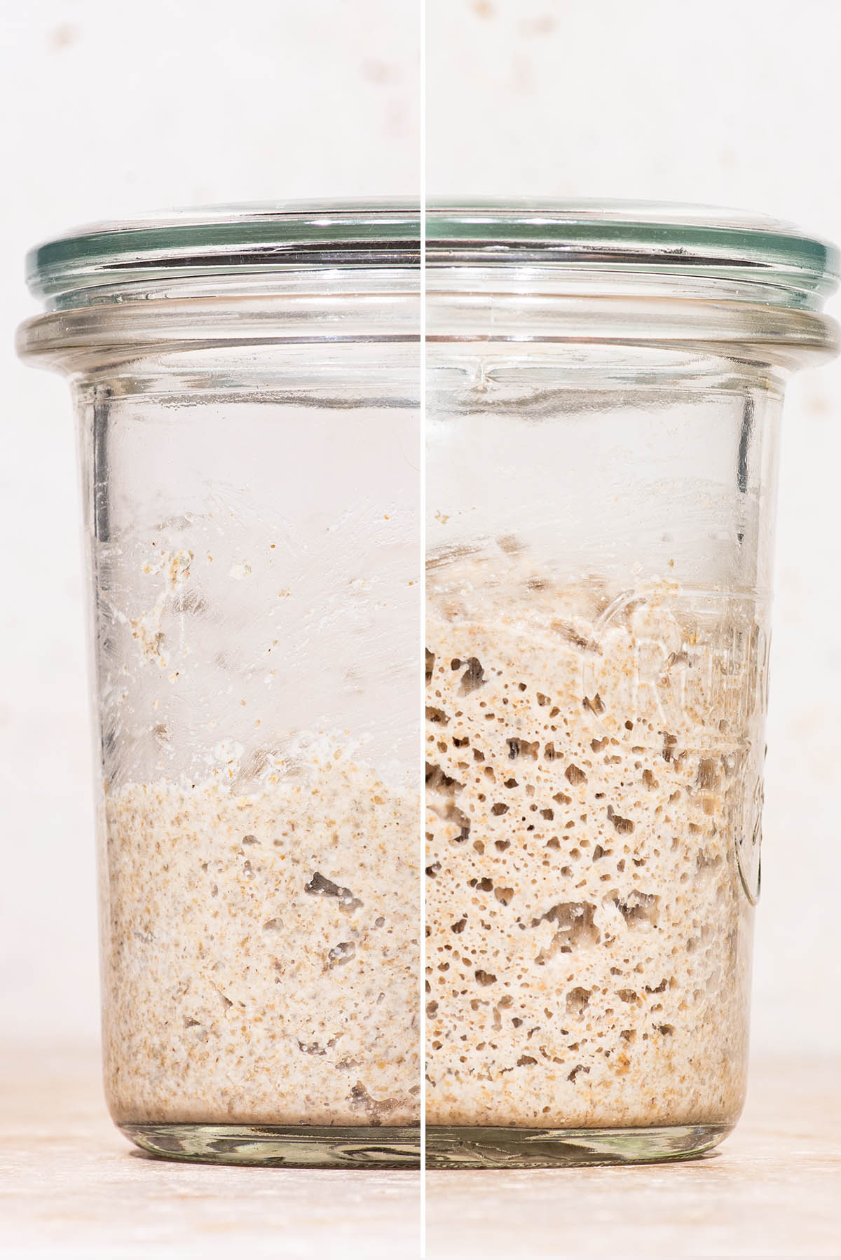 Starter in a jar, image divided in half, to show growth from before and after feeding.