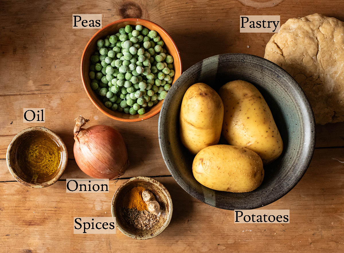 Potato pasty ingredients with labels.