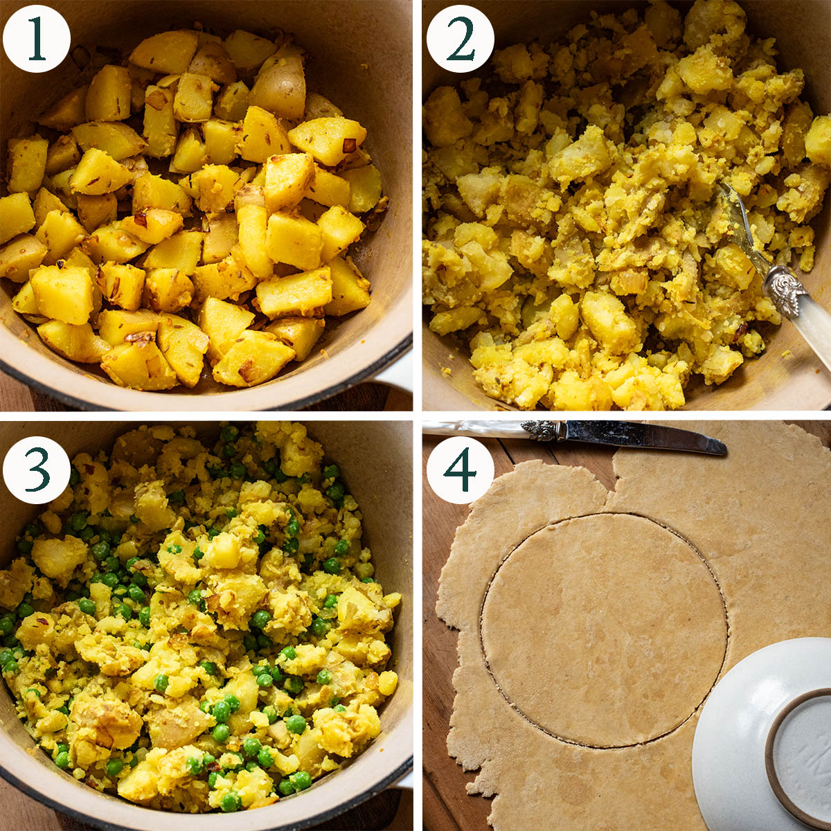 Pasties steps 1 to 4, making the filling and cutting circles from the pastry.