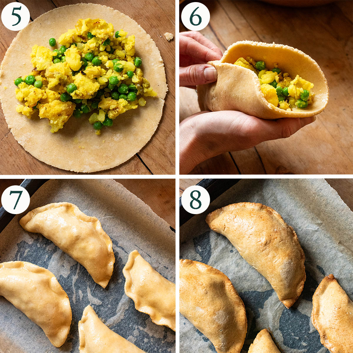 Pasties steps 5 to 8, filling, sealing, before and after baking.