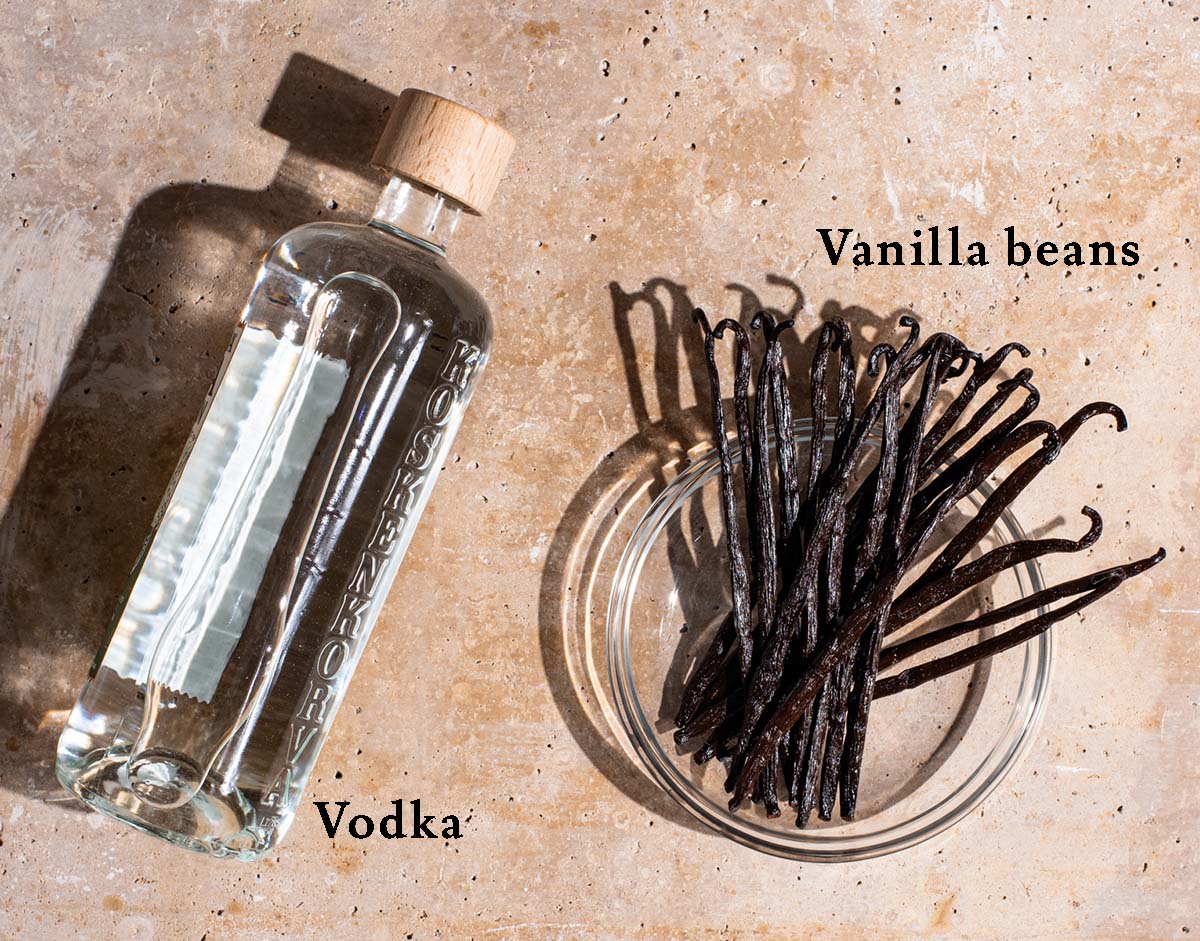 Vanilla extract ingredients with labels.