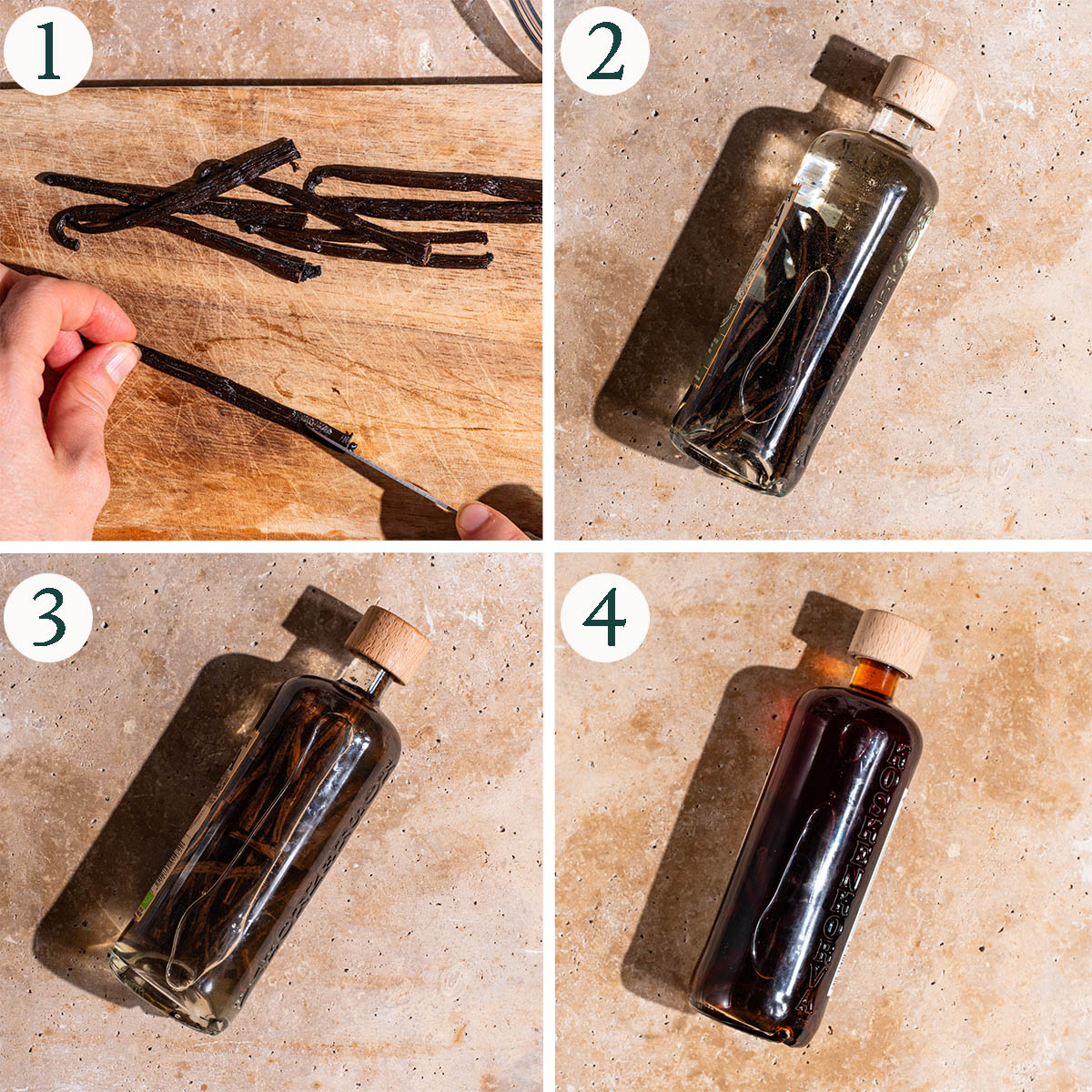 Extract steps 1 to 4, cutting vanilla beans, vanilla steeping into vodka.