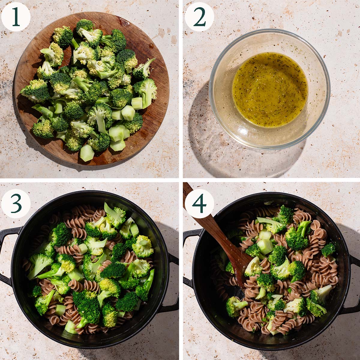 Pasta with broccoli steps 1 to 4, chopped broccoli, sauce, drained pasta, and finished meal.