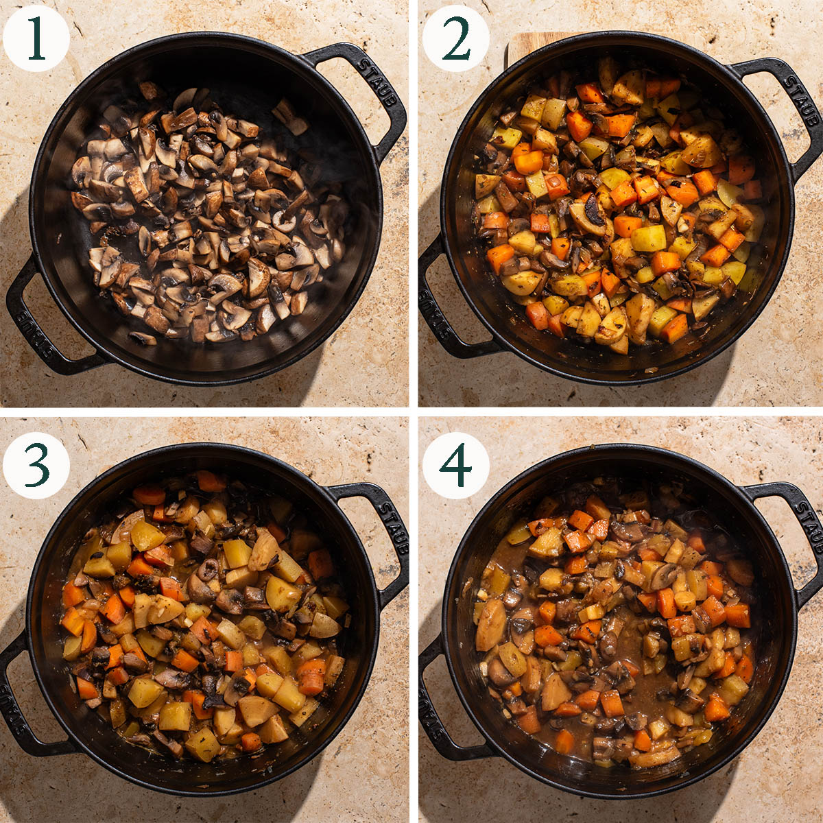 Mushrooms and vegetables cooking process in a large cast iron pot.