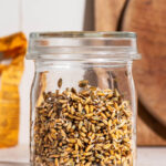 A lidded glass jar filled about two-thirds with sprouted whole grains on a countertop.