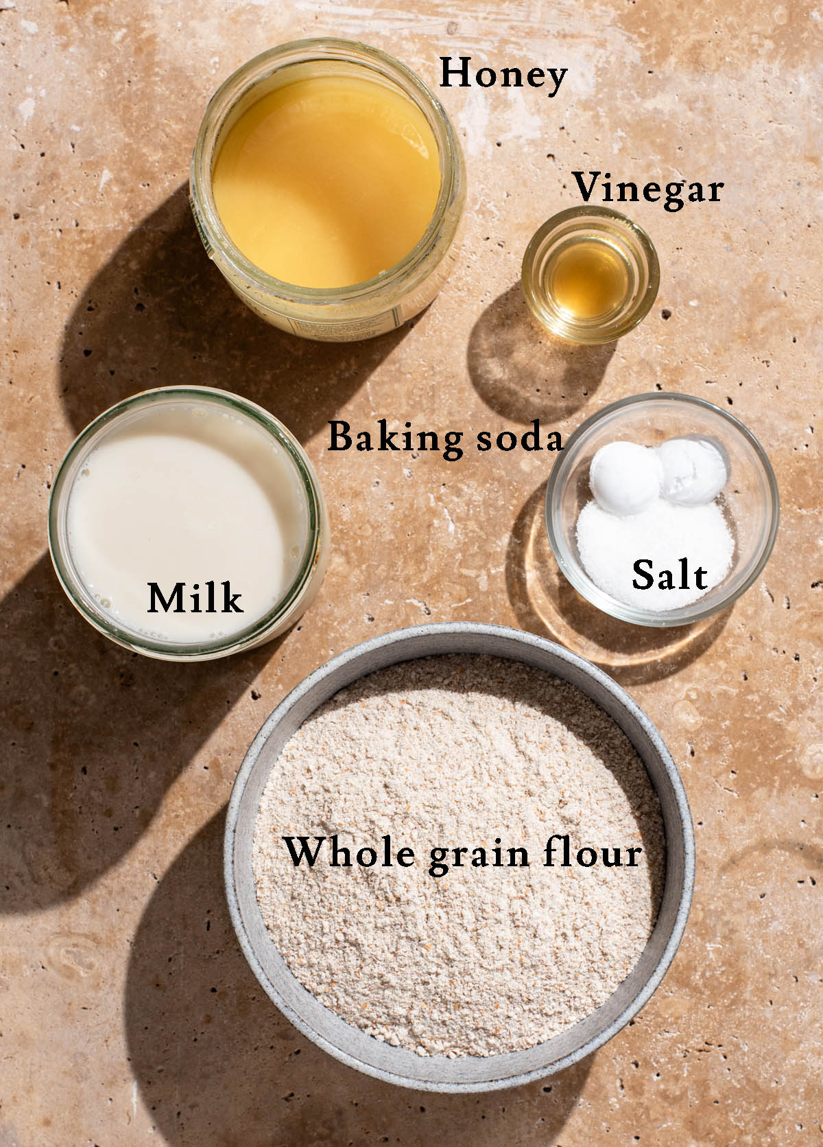 Soda bread ingredients with labels.